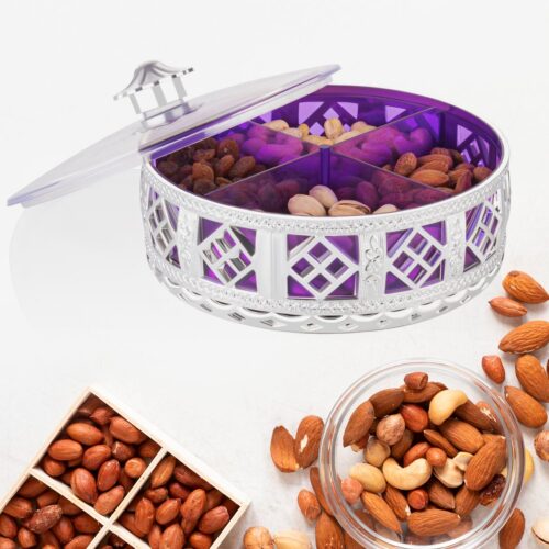 03_5a9ac145-ae2c-4650-ad08-39148c34c819.jpg Multipurpose Dry Fruit Box 4 Section Dry Fruit Round Silver Gift Box (1 Pc)