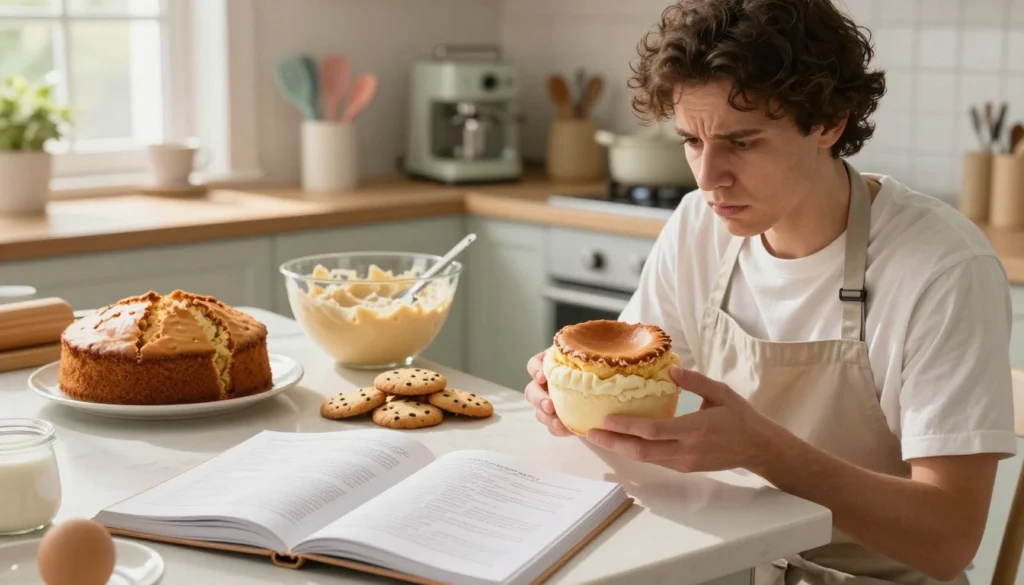 A well-lit kitchen scene showcasing a diverse array of baking mishaps with a focus on troubleshooting. In the foreground, a baker in a professional apron examines a deflated soufflรฉ, looking perplexed yet determined. Next to them, an open recipe book lies on the counter, pages filled with notes and tips. In the middle ground, a variety of common baking errors are displayed: a cracked cake, overcooked cookies, and a lumpy batter in a mixing bowl. The background features a clean, organized kitchen with pastel-colored utensils and appliances, reflecting a warm and inviting atmosphere. Soft, natural lighting filters through a window, casting gentle shadows and highlighting the textures of the baked goods. The image conveys a mood of exploration and problem-solving in the art of baking.