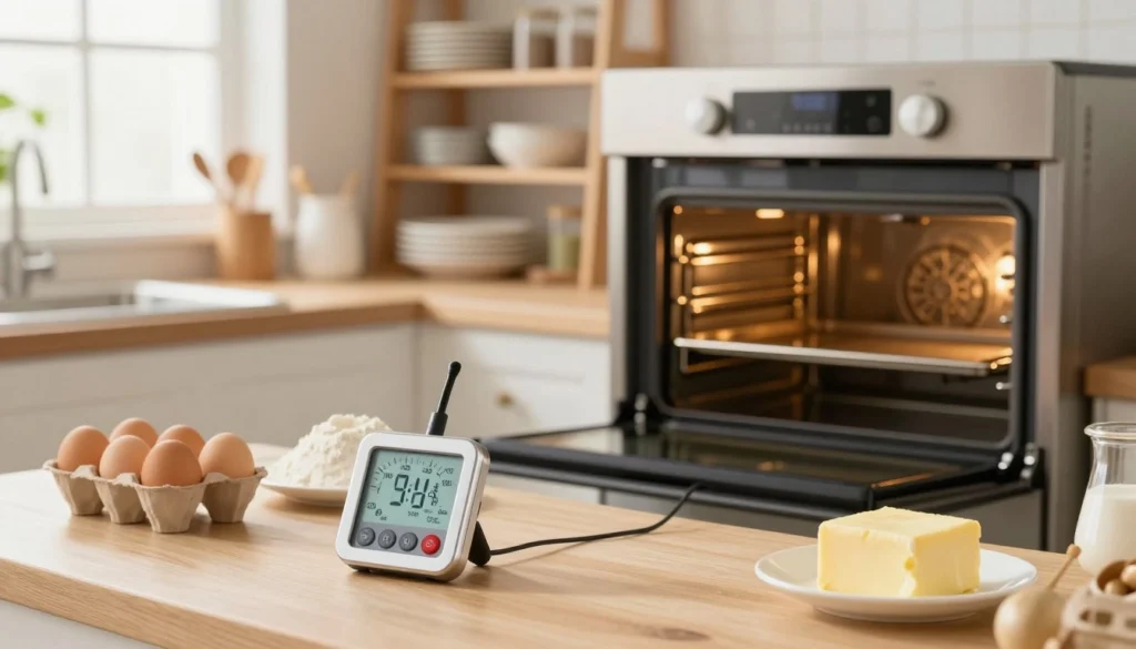 A well-organized kitchen counter showcasing an oven calibration setup. In the foreground, a digital thermometer displays precise oven temperature settings, next to room temperature ingredients like eggs, flour, and butter, all meticulously arranged. The mid-ground features an open oven door, revealing an oven rack with baking trays, highlighting a cozy and inviting atmosphere. In the background, soft ambient light streams through a window, illuminating well-organized shelves holding baking pans and measuring cups. The scene is captured with a shallow depth of field, giving a warm, homey feeling while focusing sharply on the calibration tools and ingredients. The overall mood is one of meticulous preparation, emphasizing the importance of precision in baking.