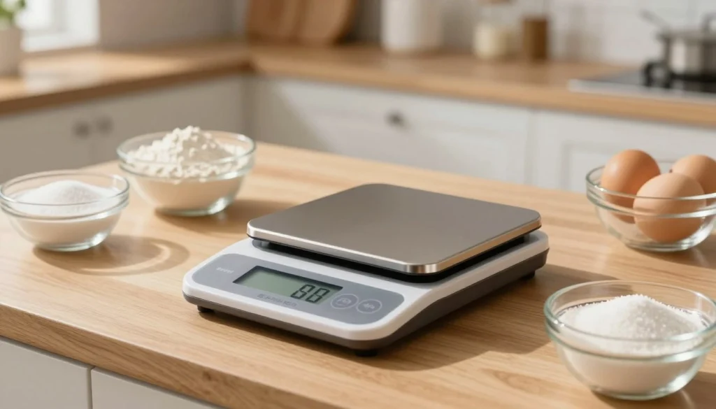 A sleek digital kitchen scale sits prominently on a clean, wooden kitchen countertop, designed for precision baking. In the foreground, the scale displays a clear digital readout, showcasing a weight reading in grams. Surrounding it, several neatly arranged ingredients—flour, sugar, and eggs—are in glass bowls, emphasizing the focus on ingredient accuracy. The background features softly blurred shelves stocked with baking essentials, enhancing the inviting atmosphere of a well-organized kitchen. Warm, natural light streams in from a nearby window, creating soft shadows and highlighting the scale's modern design. The angle captures the scale from a slightly elevated viewpoint, providing a clear perspective of its functionality and surroundings, evoking a sense of culinary mastery and attention to detail.