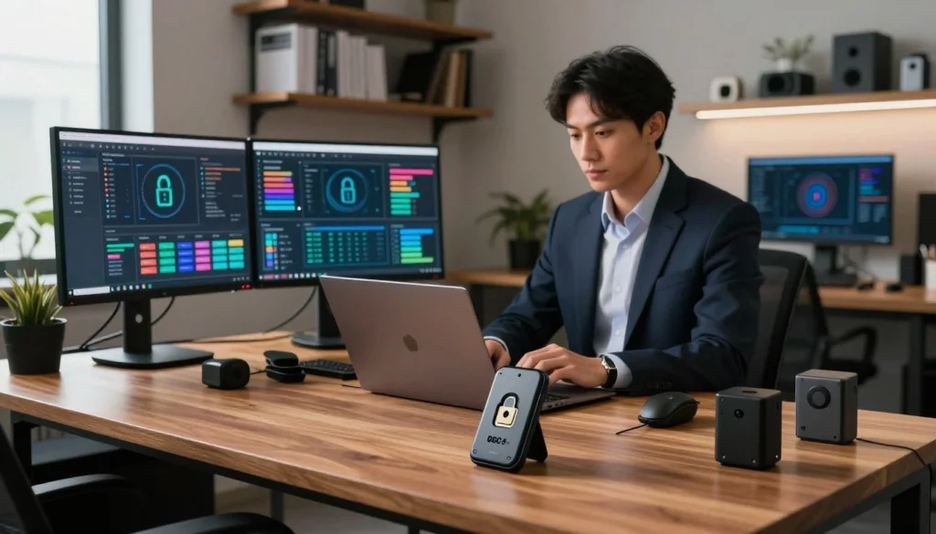 A well-organized office workspace for an entrepreneur focusing on digital security. In the foreground, a sleek, wooden desk is adorned with a Class 3 DSC Token and high-tech gadgets. Multiple monitors display digital security software and data analytics in vibrant colors. In the middle ground, a professional business person in a smart suit, deeply engaged with a laptop, highlights the importance of secure digital practices. The office background features shelves neatly organized with security manuals and tech equipment, creating an atmosphere of efficiency and focus. Soft, ambient lighting from a nearby window casts a warm glow, enhancing the sense of professionalism and technological advancement. The overall mood conveys determination and security consciousness in a modern workplace setting.