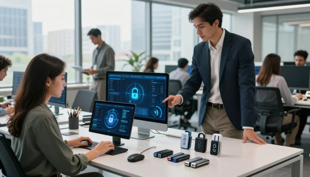 A modern office workspace featuring a diverse group of professionals strategically collaborating on cybersecurity. In the foreground, a focused businesswoman in smart casual attire examines a digital device with a biometric scanner, while a man in a suit presents a digital dashboard showing security data. In the middle ground, a sleek table displays essential cybersecurity accessories like a Class 3 DSC token, multi-factor authentication devices, and encrypted USB drives, all well-organized. The background features a large window with cityscape views, bathed in natural light, adding a modern touch. The atmosphere is energetic and focused, highlighting the importance of digital security in entrepreneurship. The lighting is bright and professional, enhancing the clarity of the scene with soft shadows.
