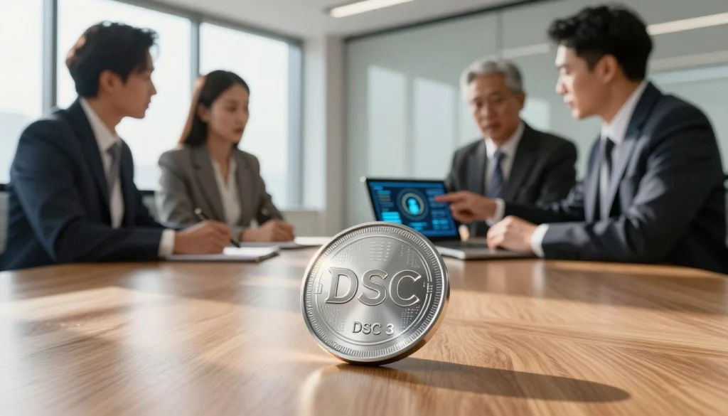 A professional business setting depicting the importance of a Class 3 DSC Token. Foreground: a sleek, metallic DSC token prominently displayed on a polished wooden desk, with intricate digital patterns glowing softly on its surface. Middle: a diverse group of three business professionals in smart attire engaged in a serious discussion, one pointing at a digital tablet showing security-related graphics. Background: a modern conference room with large windows allowing sunlight to filter in, casting soft shadows across the room. The atmosphere should be focused and dynamic, highlighting themes of digital security and compliance with legal mandates, evoking a sense of trust and professionalism. The lighting is bright and warm, emphasizing the significance of digital security in business operations.