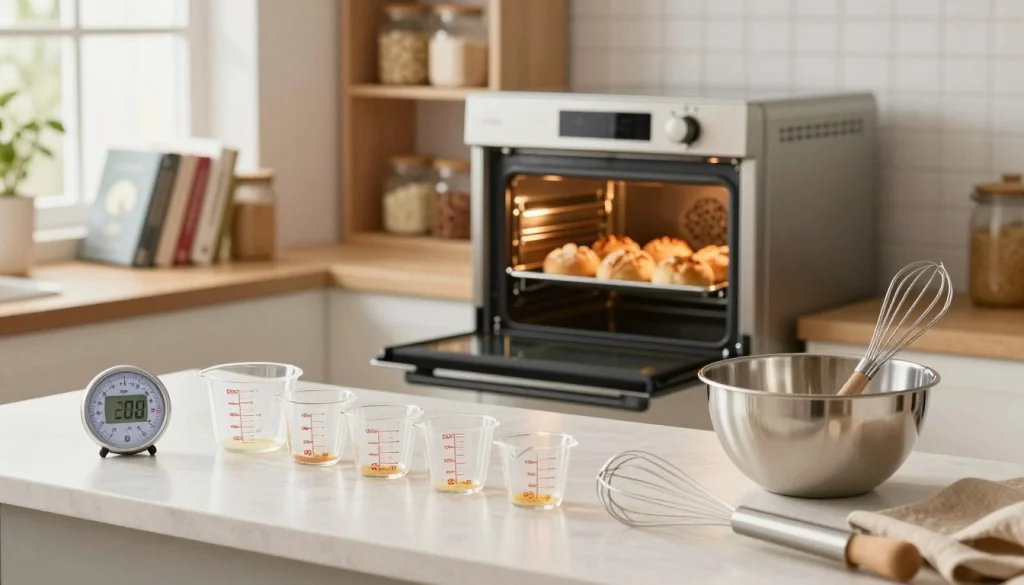 A warm and inviting kitchen scene showcasing various baking techniques with an emphasis on temperature management. In the foreground, a neatly arranged table features an assortment of baking tools: a digital thermometer, measuring cups, mixing bowls, and a whisk. The middle ground displays an oven with an open door and glowing light, revealing beautifully baked bread and pastries, illustrating the importance of precise temperatures. The background includes a shelf filled with cookbooks and jars of ingredients, bathed in soft, natural light streaming through a window, creating a cozy atmosphere. The image should convey a sense of professionalism and expertise, with all objects impeccably organized, ensuring clarity and focus on baking precision.