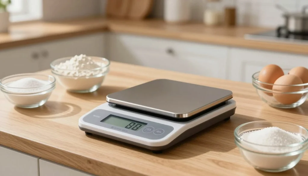 A sleek digital kitchen scale sits prominently on a clean, wooden kitchen countertop, designed for precision baking. In the foreground, the scale displays a clear digital readout, showcasing a weight reading in grams. Surrounding it, several neatly arranged ingredients—flour, sugar, and eggs—are in glass bowls, emphasizing the focus on ingredient accuracy. The background features softly blurred shelves stocked with baking essentials, enhancing the inviting atmosphere of a well-organized kitchen. Warm, natural light streams in from a nearby window, creating soft shadows and highlighting the scale's modern design. The angle captures the scale from a slightly elevated viewpoint, providing a clear perspective of its functionality and surroundings, evoking a sense of culinary mastery and attention to detail.